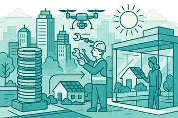 Obraz premium Illustration of a city with a construction worker, a drone, and a solar-powered house, symbolizing modern sustainable energy, urban development, and technology.