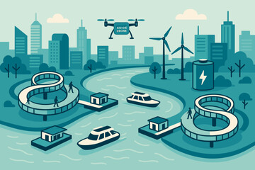 Futuristic eco cityscape with smart river transport and guide drone