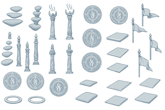Set of mystical and symbolic icons with stacked stones, pillars, flags, and circular patterns.