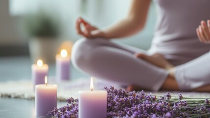 A woman meditating with lavender candles, calm and dynamic, perfect for corporate wellness