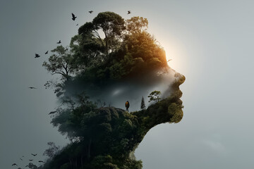Human head silhouette filled with birds and green landscapes, light shining through, symbolizing eco-awareness
