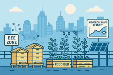 Obraz premium Illustration of a rooftop urban garden featuring bee hives, a food bed, an AI microclimate readout, and solar panel setup in a city environment.