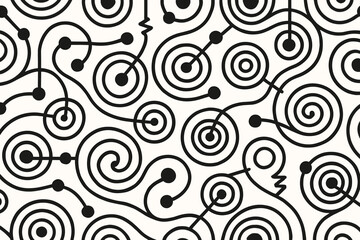 Abstract pattern featuring swirling circles and interconnected lines with dots, creating a dynamic, energetic design.