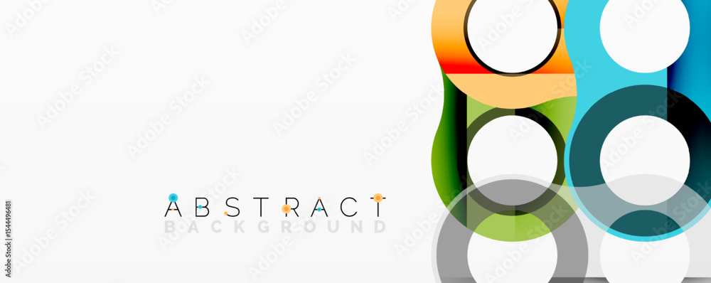 Poster Modern abstract design features colorful overlapping circles, squares. Clean white background provides contrast, simplicity.