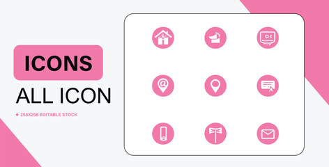 Pink Icon Set with Home Megaphone Computer Email and Location Symbols