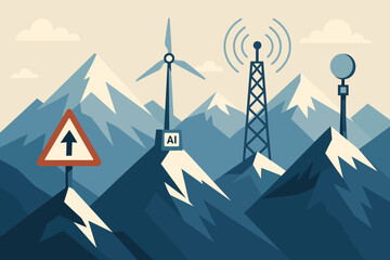 Futuristic mountain landscape with AI, wind, and signal towers