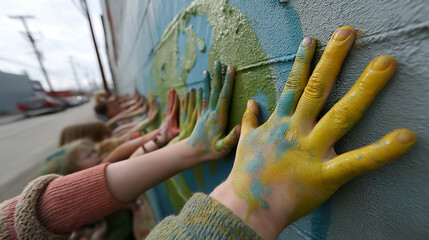 Children painting a green planet mural on a school wall, hands covered in bright paint, expressing environmental awareness