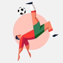 Stylized player doing a bicycle kick&mdash;expressing acrobatic skill and motion in football.