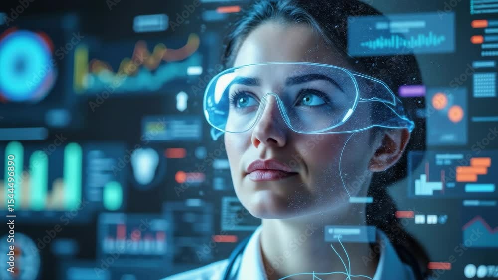 Poster futuristic woman with smart glasses explores technology, data visualization, digital interface, inno