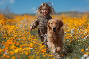 Laughing toddler running with golden retriever in flower field, bright sun, vivid sky, joyful energy
