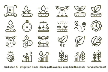 Smart agriculture icon set with AI, drones, crop sensors, and growth data
