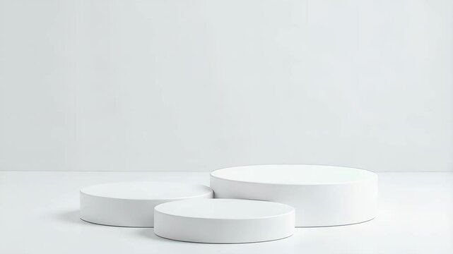 Minimalist background of three white round podiums against a plain white backdrop for product presentation, stage, or display in studio setup.
