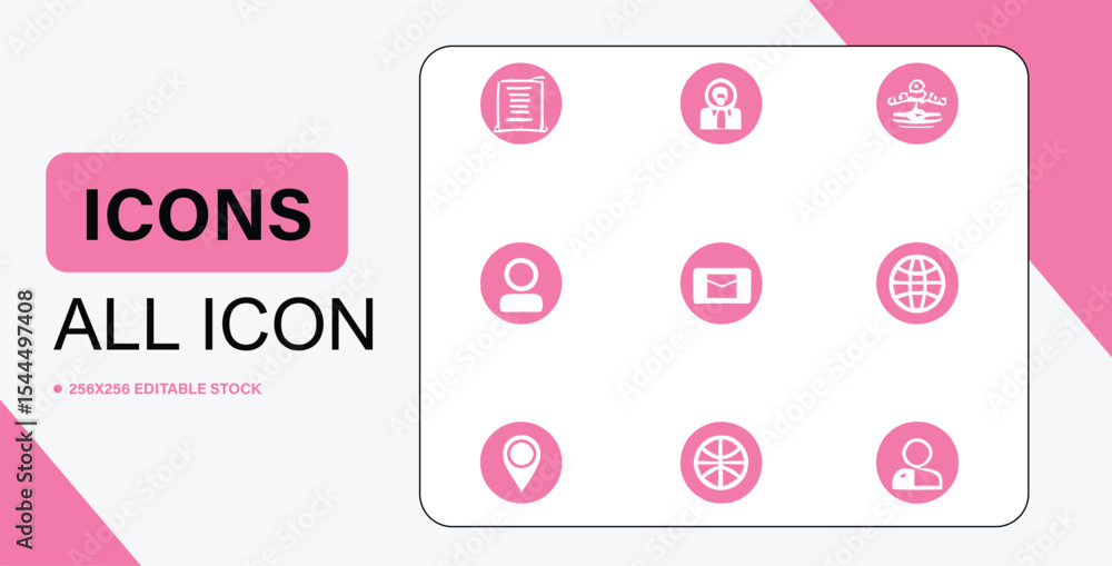 Poster collection of pink and white vector icons representing various concepts and functions