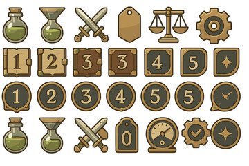 Fantasy game UI icons set with potions, swords, numbers, and badges