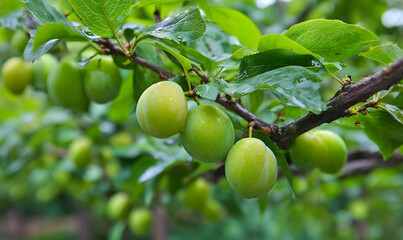 Close-up of ripe green plums on a green plum tree. generative ai