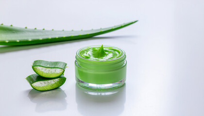 Close-up of natural cosmetics made from natural ingredients aloe vera against a bright background.