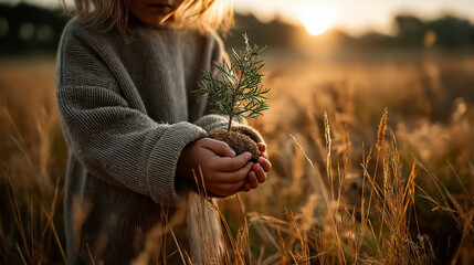 A child holding a glowing green sapling in their hands, standing in the middle of a golden field under a bright sky, symbolizing the hope of a greener future