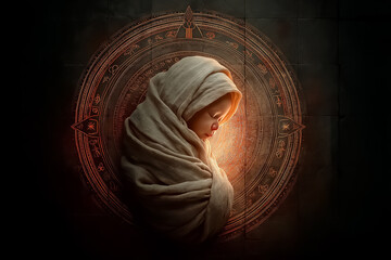 Newborn wrapped in soft glowing light, surrounded by hope and protection symbols, preserving innocent life