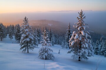Snow Covered Pine Trees Winter Sunset Landscape image
