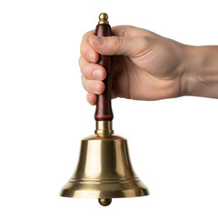 A human hand firmly grips a traditional polished brass handbell with a dark wooden handle, ready to ring for attention or service.