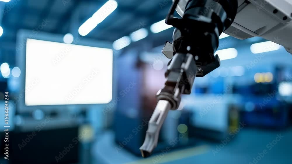 Poster automated robotic arm operating in a factory setting, showcasing advanced industrial technology and 