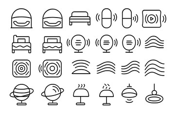 Line-style smart home icon set with beds, speakers, lamps, and waves