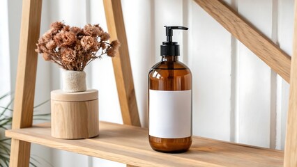 Amber glass soap dispenser and dried flowers arranged on a wooden shelf with natural decor