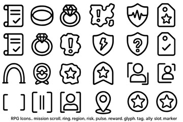 Outlined RPG icon set featuring quests, items, regions, alerts, and player markers