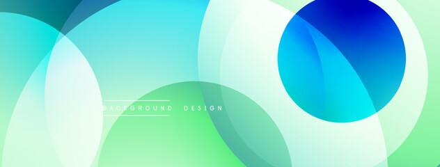 Abstract background features overlapping circles. Colors blend from blue, green, to white creating soft gradients. Modern design element.