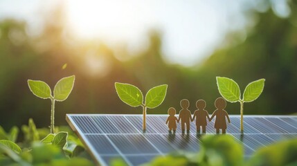 A family of four standing on a solar panel with green leaves in the background.