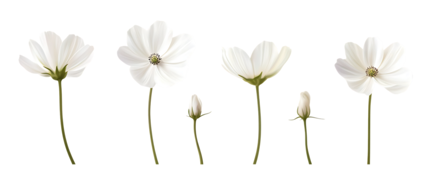 Pack Collection Elegant White Cosmos Minimalist Floral Photography set against transparent background