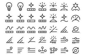 Minimalist icon set for brightness, energy levels, and adjustment controls on a dark background