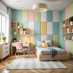 Fototapeta premium Kids’ Room with Soft Color Blocks on the Wall and Modern Furniture, Playful Kids’ Interior Featuring Color Block Wall and Contemporary Furniture 