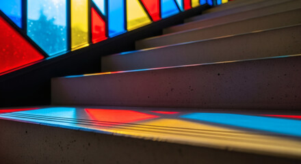 Vibrant and colorful light reflections cast striking abstract patterns across a modern concrete staircase, highlighting architectural lines and artistic illumination.