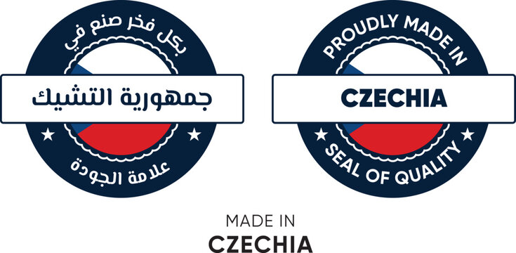 Made in Czechia. Premium labels English and Arabic, stickers, pointer, badge and symbol of Czechia flag icon. Collection vector illustration