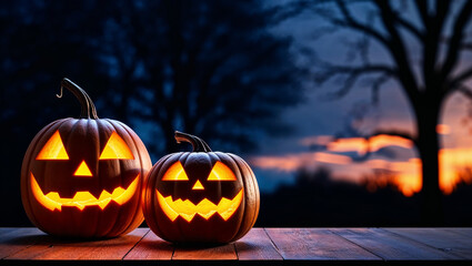 Glowing jack-o'-lanterns with spooky autumn sunset background