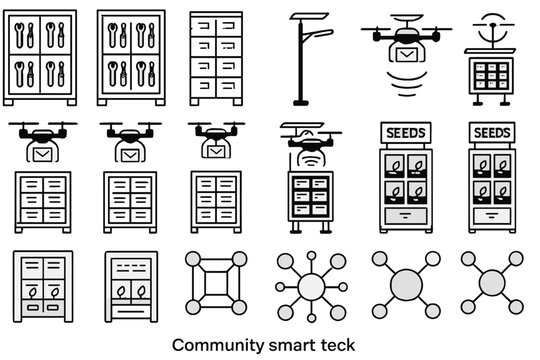 Set of vector icons depicting community smart technology, including drones, solar lamps, and storage cabinets.