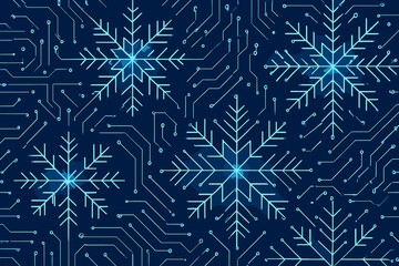 Futuristic snowflakes with a circuit board design, symbolizing technology and winter.