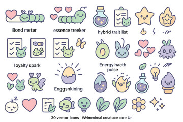 Playful and whimsical collection of cute creature care icons, featuring hearts, animals, and energy symbols.