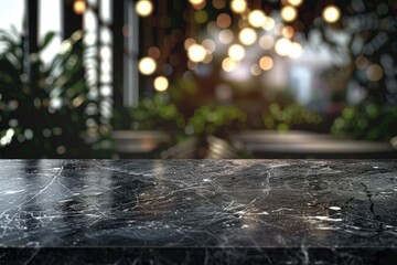 Empty Black Marble Stone Table Top and Blurred Bokeh Cafe and Restaurant Background