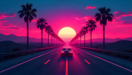 Retro muscle car graphic design, sunset background. 