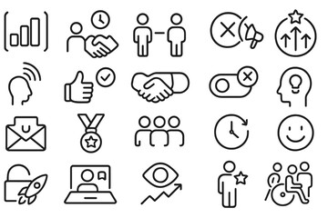 Minimalist dark line icon set featuring business, productivity, and communication symbols