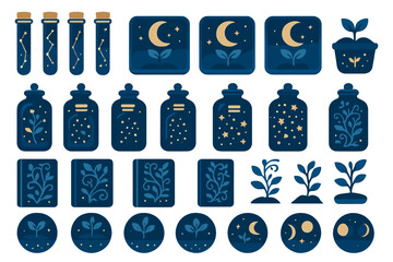Celestial-themed plant and jar icons with night sky motifs