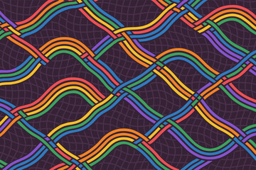 Seamless pattern of interwoven rainbow ribbons on dark purple grid