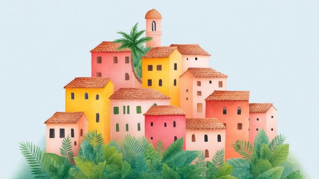 Colorful Mediterranean village houses nestle beneath palm fronds, evoking siesta serenity, perfect for La Tomatina or Festa dei Ceri