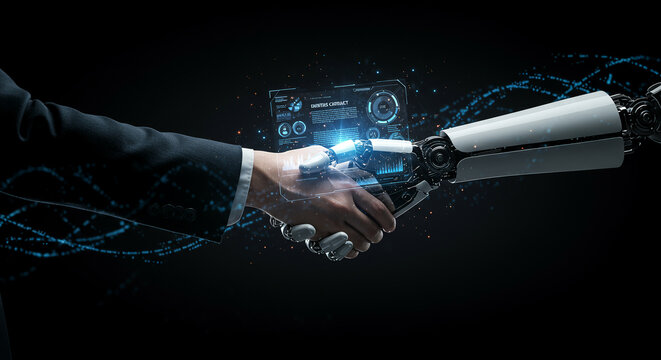 A striking, photorealistic image depicting a symbolic handshake between a human hand in a business suit and a futuristic, white robotic hand.