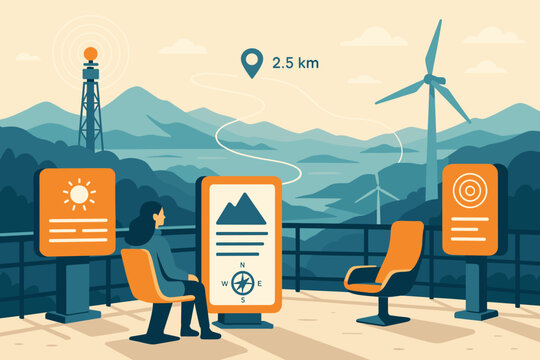 Person exploring mountain data on smart screens in a scenic tech landscape