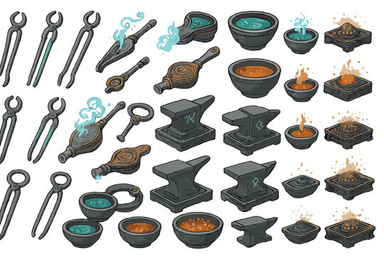 Detailed fantasy icon set of magical blacksmith tools, forges, anvils, and enchanted flames