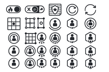 Dark UI vector icons with toggles, grids, and user symbols
