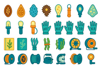 Set of icons for environmental research and plant monitoring, including pH indicators, tools, and plant growth stages.